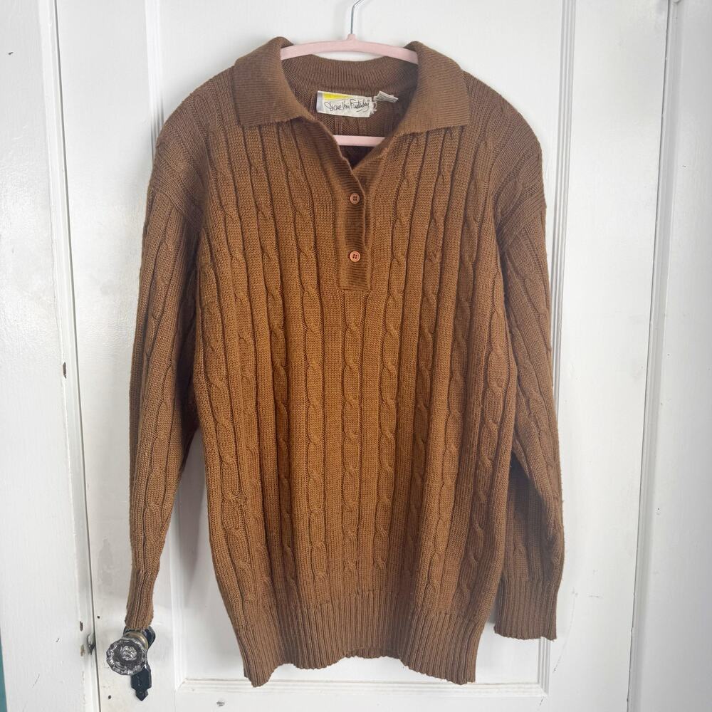 VTG Diane Von Furstenberg Collared Cable Knit Ribbed Polo Pullover Sweater M